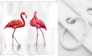 Cortina de duche em poliéster, 180x200cm. com estampado de flamingos. 2